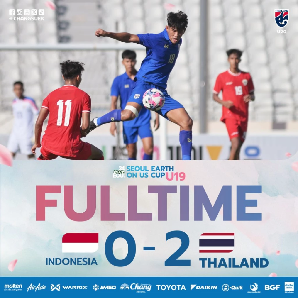 ทีมชาติไทย U20 คืนฟอร์ม! ทุบ อินโดนีเซีย 2-0 ศึก EOU CUP 2024